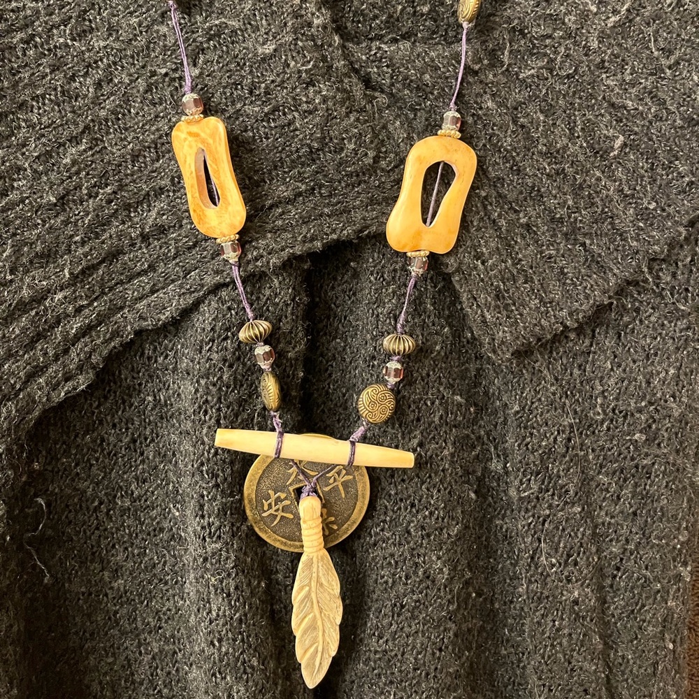 Renee Rayne Chinese Coin & Bone Feather Pendant Necklace